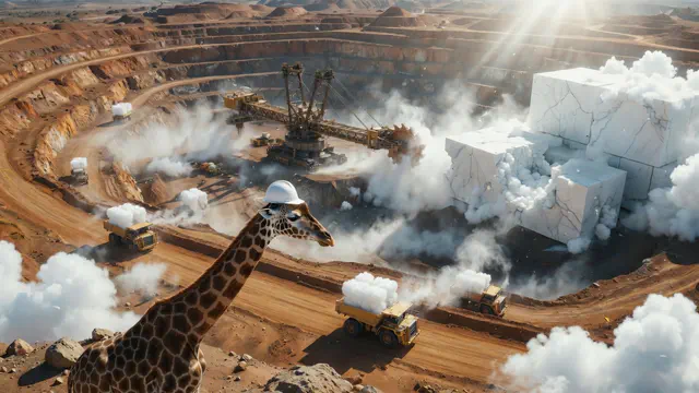 A vast desert quarry excavates solid cubes of cloud while tiny mining trucks haul them and a hardhat-wearing giraffe supervises.