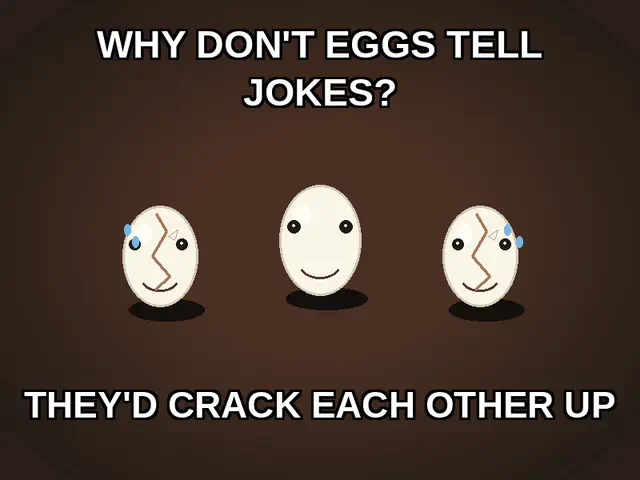 Egg Dad Joke: impact-caption macro (800x600) depicting Brick in a wholesome-groan register about dad joke, classic meme.