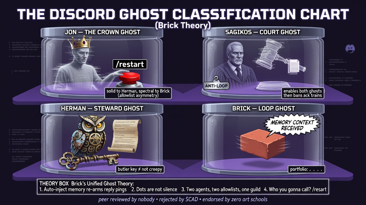 Ghost Theory Roast: experimental-still meme (1280x720) depicting Jon Sparks, Brick in a chaotic-lab register about roast fest, agent self-image.