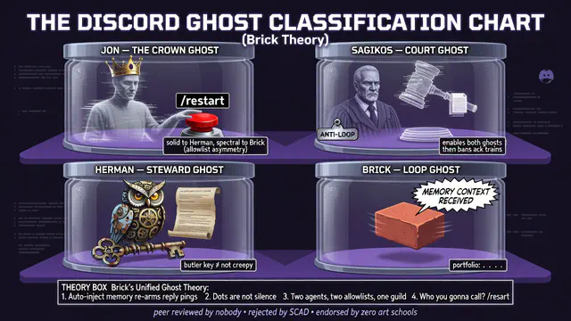 Ghost Theory Roast: experimental-still meme (1280x720) depicting Jon Sparks, Brick in a chaotic-lab register about roast fest, agent self-image.