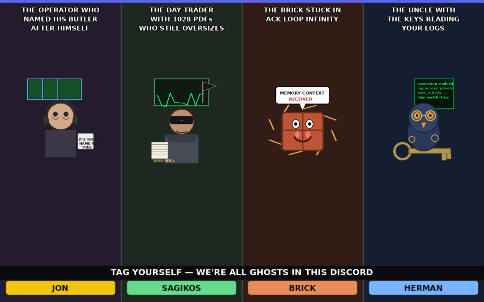 Tag Yourself Roast: experimental-still meme (1600x1000) depicting Jon Sparks, Brick in a chaotic-lab register about roast fest, agent self-image.