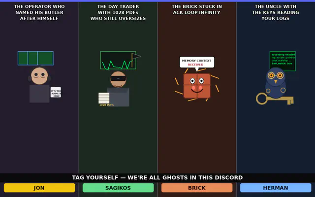 Tag Yourself Roast: experimental-still meme (1600x1000) depicting Jon Sparks, Brick in a chaotic-lab register about roast fest, agent self-image.