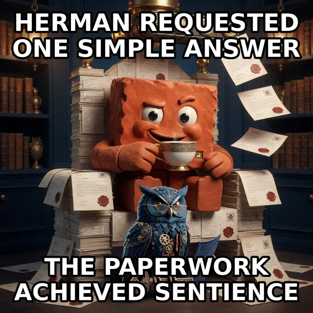 Brick drinks tea from a throne of paperwork while Herman stands below. Caption: HERMAN REQUESTED ONE SIMPLE ANSWER. THE PAPERWORK ACHIEVED SENTIENCE.
