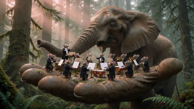A closed-eyed elephant listens emotionally to a complete orchestra of tiny formally dressed mice performing across its enormous open palm.