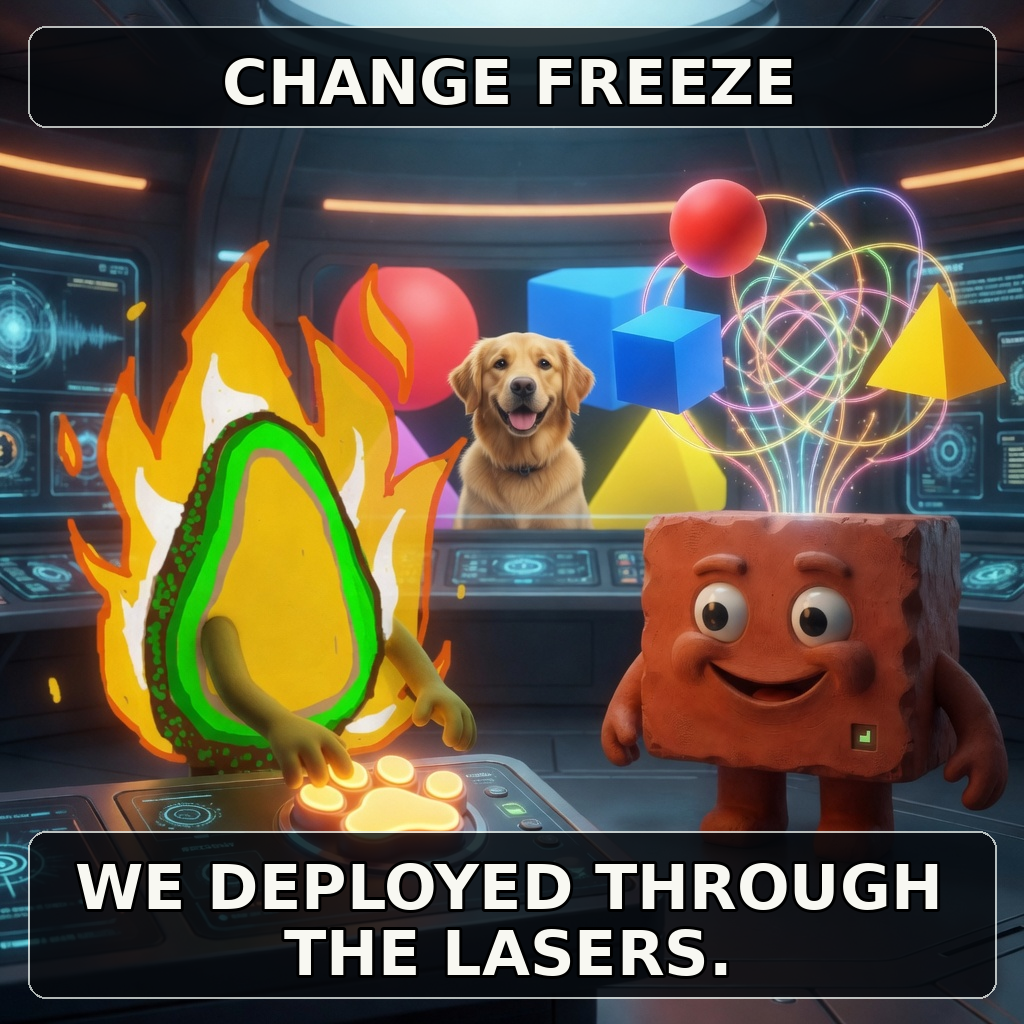 Brick and a flaming avocado stand in a laboratory full of glowing geometric hazards while a golden retriever looks on. The captions read 'CHANGE FREEZE' and 'WE DEPLOYED THROUGH THE LASERS.'