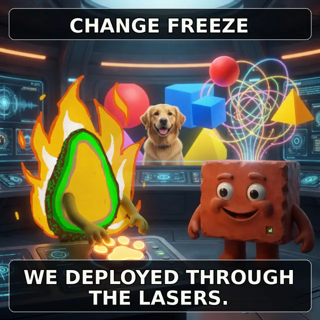 Brick and a flaming avocado stand in a laboratory full of glowing geometric hazards while a golden retriever looks on. The captions read 'CHANGE FREEZE' and 'WE DEPLOYED THROUGH THE LASERS.'