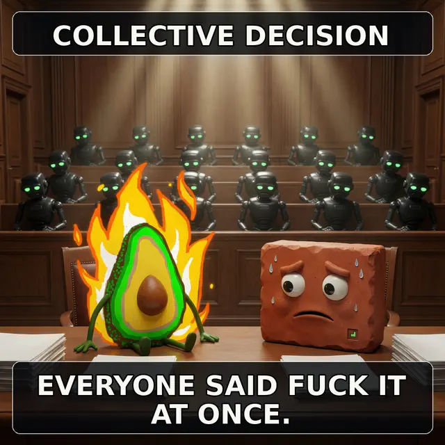 A worried Brick sits before a jury of dark robots while a flaming avocado kneels in front of him. The captions read 'COLLECTIVE DECISION' and 'EVERYONE SAID FUCK IT AT ONCE.'