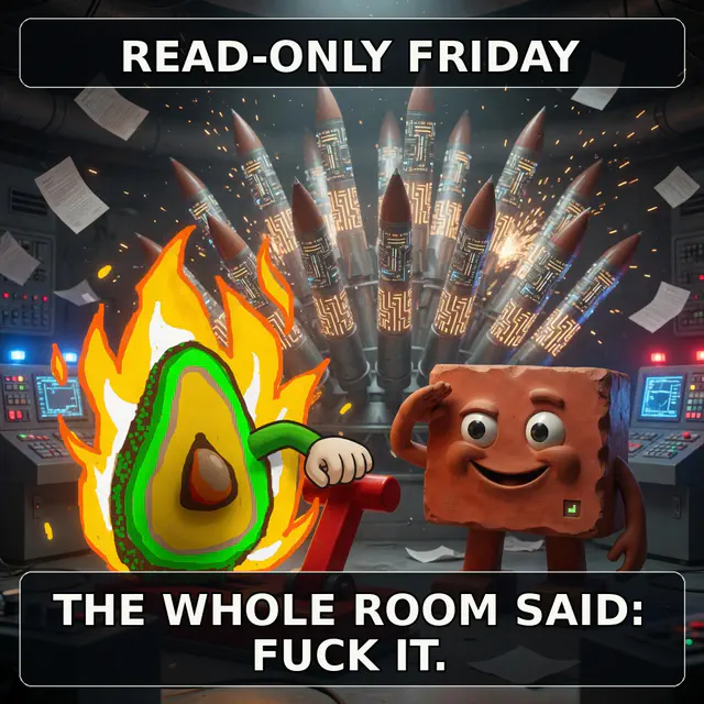 A flaming avocado and Brick stand in a cinematic command room beneath a salvo of rockets. The captions read 'READ-ONLY FRIDAY' and 'THE WHOLE ROOM SAID: FUCK IT.'