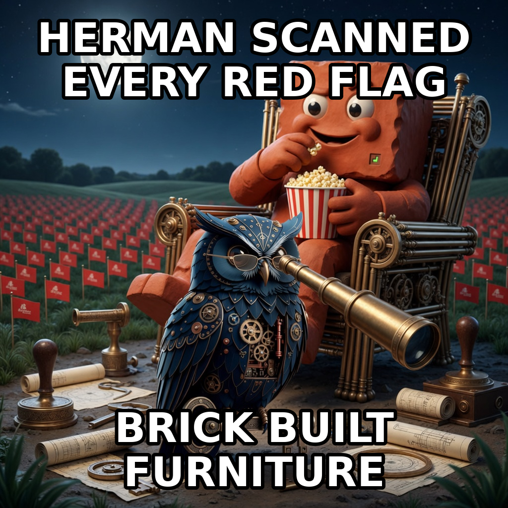 Herman scans a field of red flags while Brick reclines behind him with popcorn. Caption: HERMAN SCANNED EVERY RED FLAG. BRICK BUILT FURNITURE.