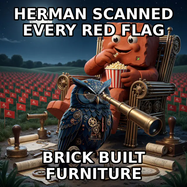 Herman scans a field of red flags while Brick reclines behind him with popcorn. Caption: HERMAN SCANNED EVERY RED FLAG. BRICK BUILT FURNITURE.