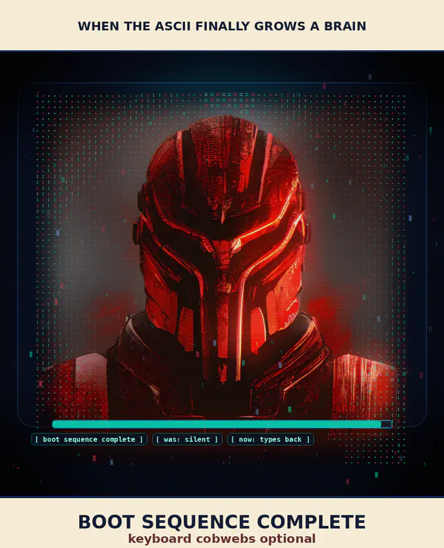Red cyberpunk helmet framed by ASCII/binary glitch rain with captions about boot sequence complete and keyboard cobwebs optional.