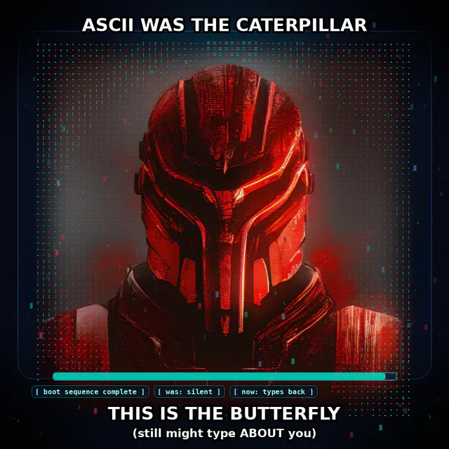 Red cyberpunk helmet with digital particle field and captions ASCII was the caterpillar / this is the butterfly.