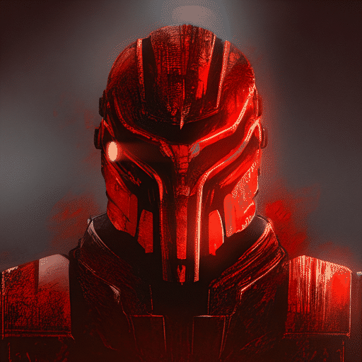 Animated red glowing cyberpunk helmet boot sequence with digital glitch overlays as the silent rider comes online.