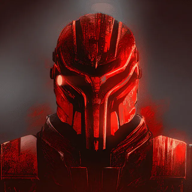 Animated red glowing cyberpunk helmet boot sequence with digital glitch overlays as the silent rider comes online.