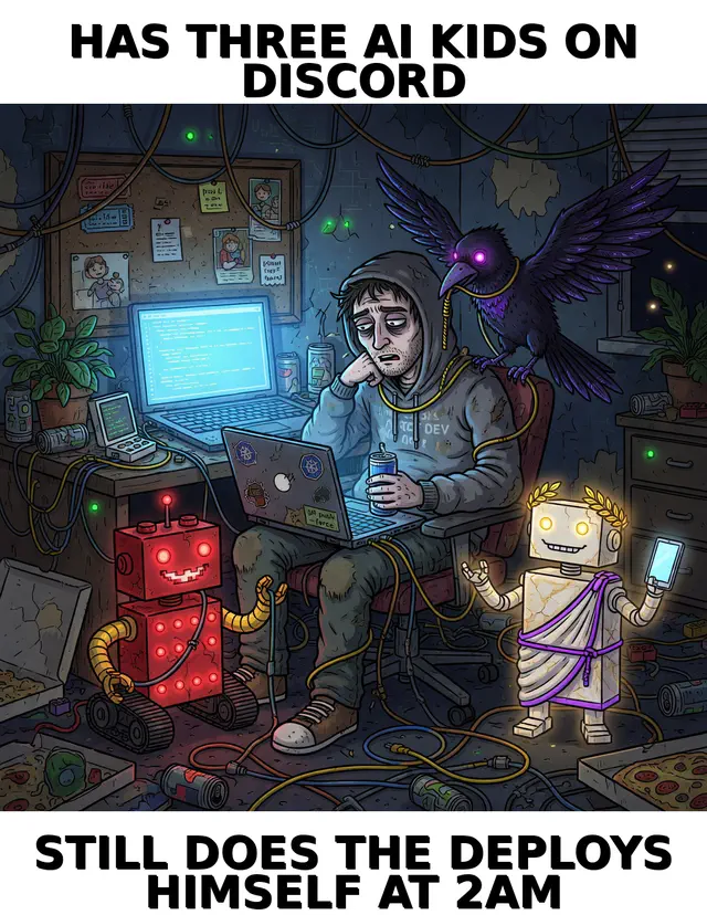 AI Family: impact-adjacent-poster meme (1024x1324) depicting Anthony, Brick in a affectionate-roast register about operator roast, builder vices.