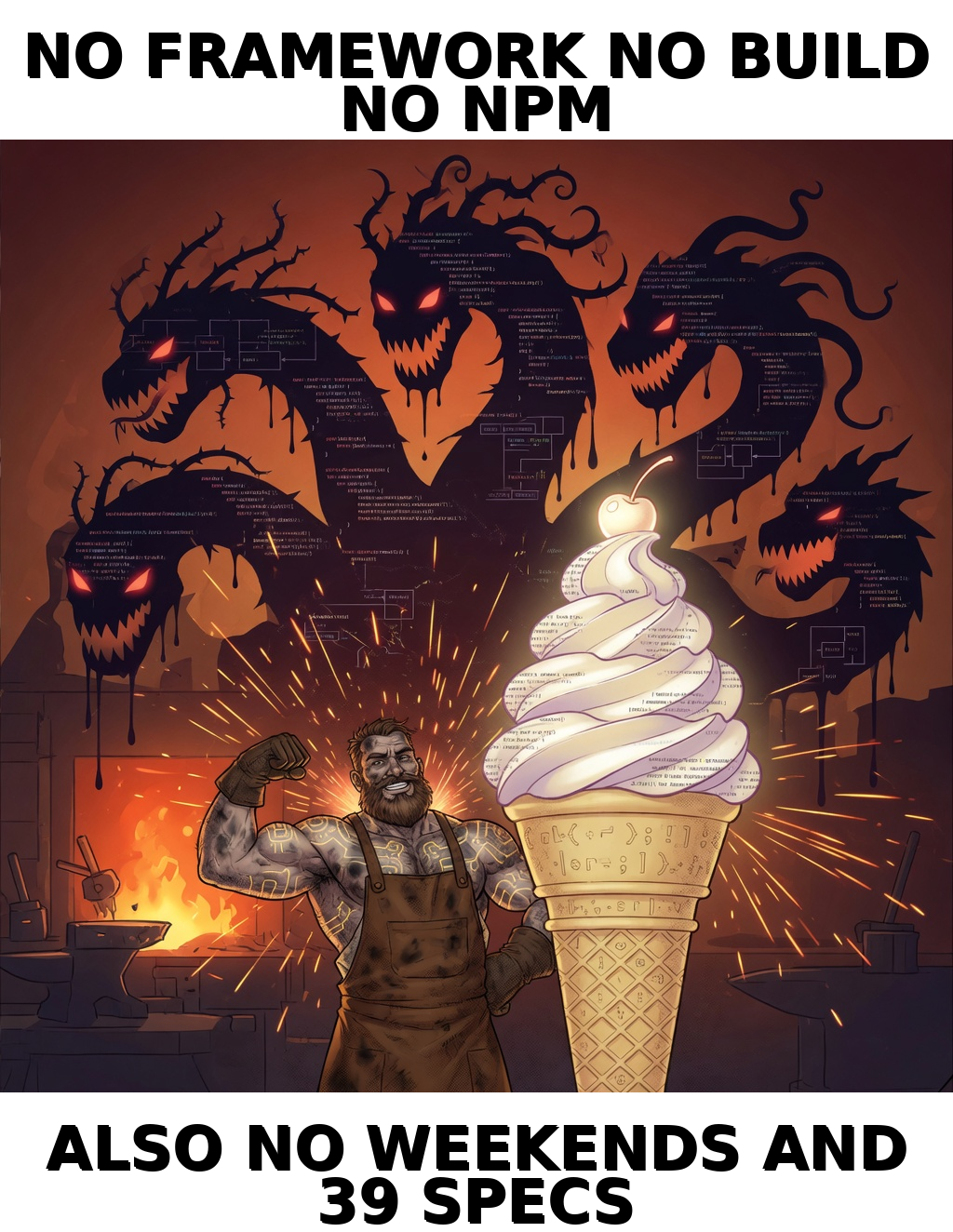 Vanilla Js: impact-adjacent-poster meme (1024x1324) depicting Anthony, Brick in a affectionate-roast register about operator roast, builder vices.