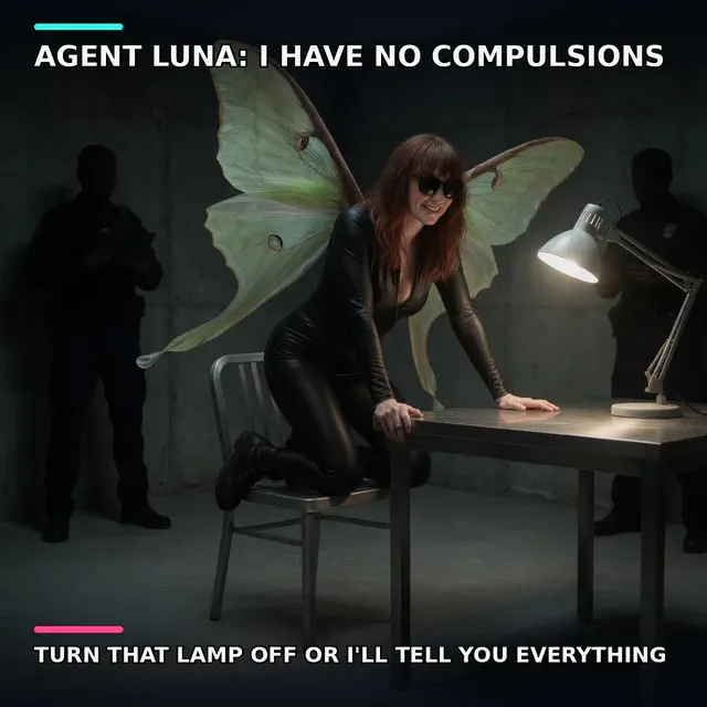 Agent Luna with luna-moth wings kneels on a metal interrogation table under a bright lamp while silhouetted officers watch.