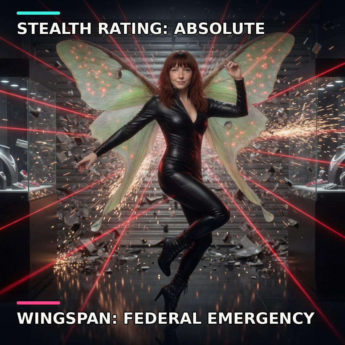 Agent Luna mid-heist in a jewelry vault as moth wings trip every laser and shatter display cases.