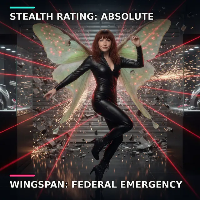 Agent Luna mid-heist in a jewelry vault as moth wings trip every laser and shatter display cases.