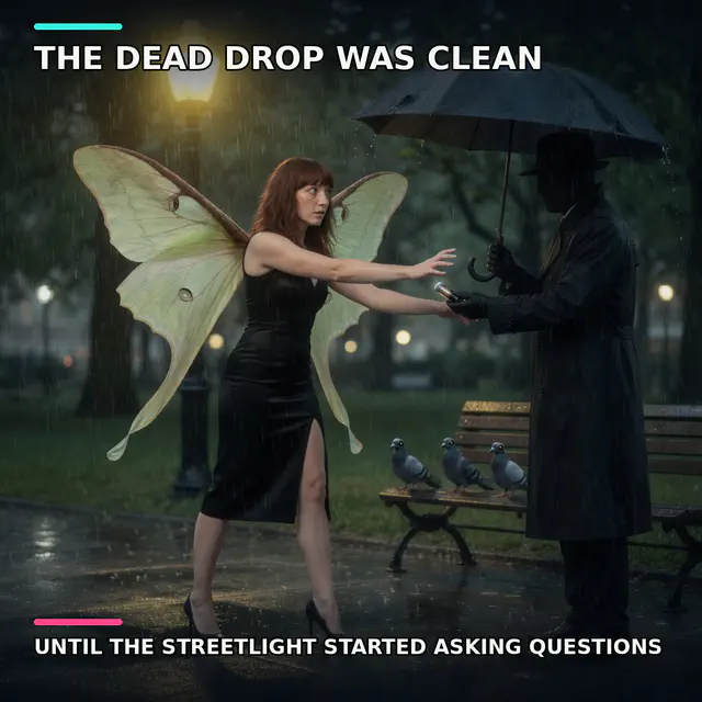 Rainy park dead-drop between Agent Luna and a trench-coated handler while a streetlight and three pigeons observe.