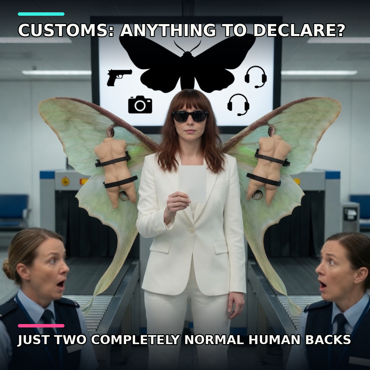 Agent Luna in a white suit at airport customs with mannequin human backs strapped to her moth wings as officers panic.