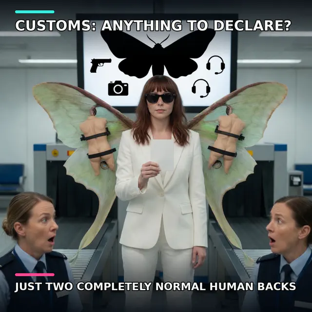 Agent Luna in a white suit at airport customs with mannequin human backs strapped to her moth wings as officers panic.