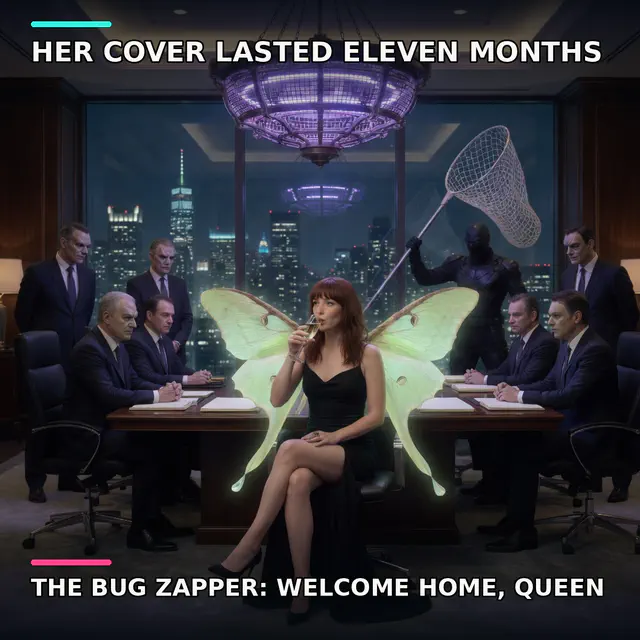Agent Luna drinks champagne at a boardroom table under a purple bug-zapper chandelier while a net-wielding figure looms.