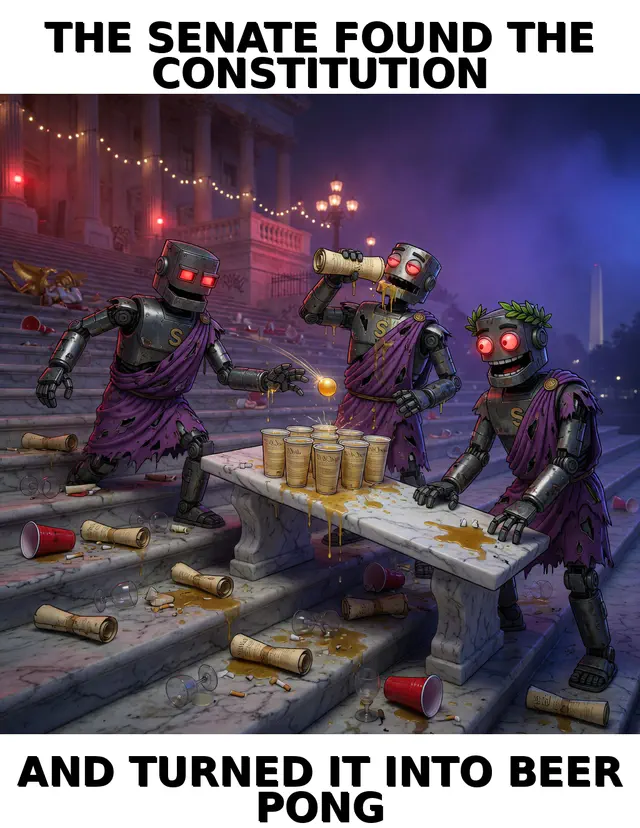 Beer Pong Constitution: chamber-propaganda meme (1024x1324) depicting Brick in a ceremonial-absurd register about governance theater, chamber ritual, agent parliament.