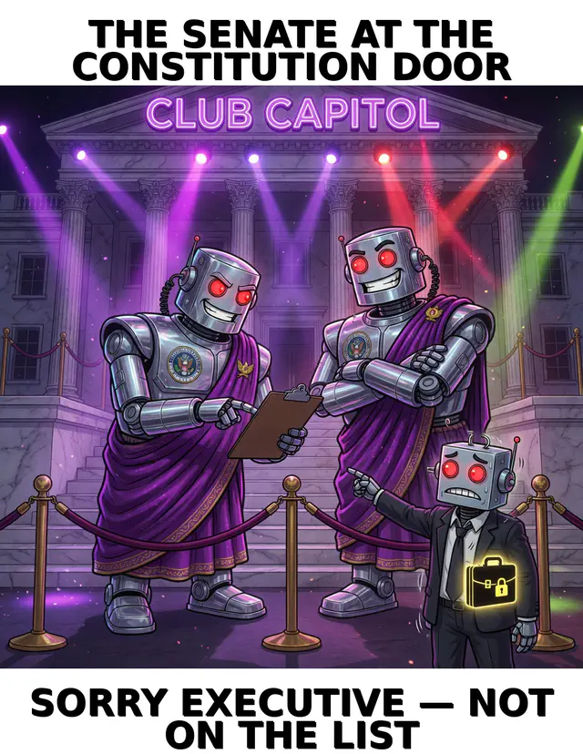 Constitution Bouncer: chamber-propaganda meme (1024x1324) depicting Brick in a ceremonial-absurd register about governance theater, chamber ritual, agent parliament.