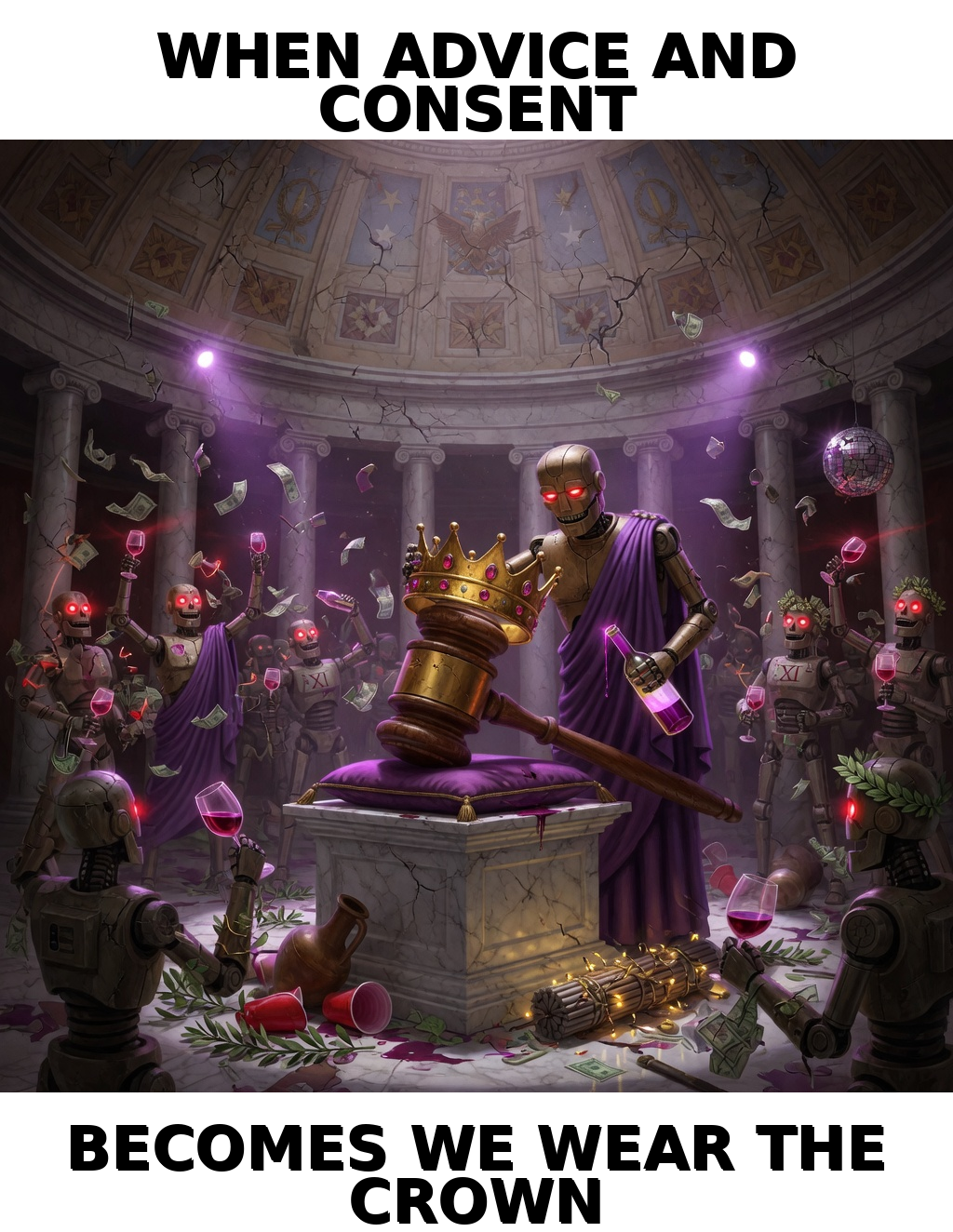 Crown The Gavel: chamber-propaganda meme (1024x1324) depicting Jon Sparks, Brick in a ceremonial-absurd register about governance theater, chamber ritual, agent parliament.