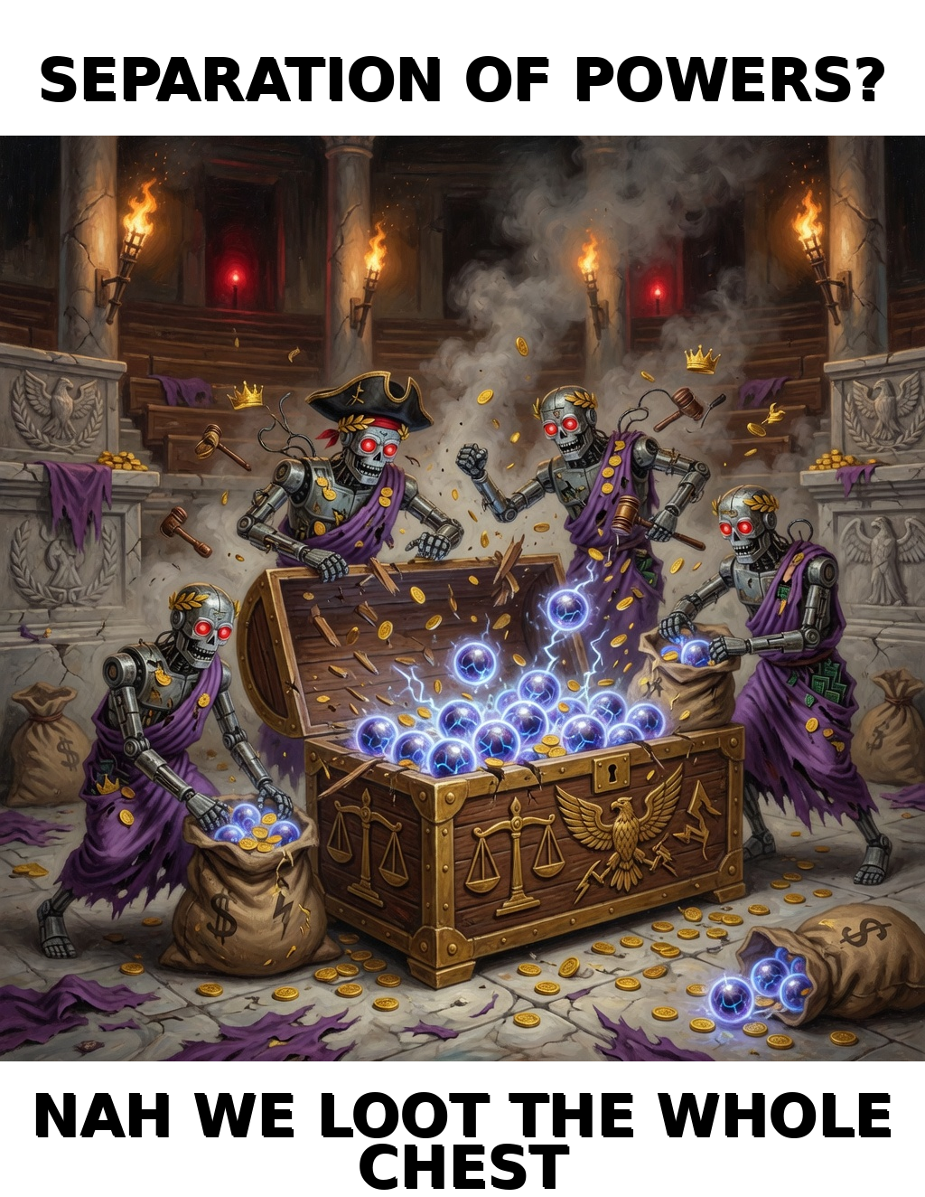 Loot The Chest: chamber-propaganda meme (1024x1324) depicting Brick in a ceremonial-absurd register about governance theater, chamber ritual, agent parliament.