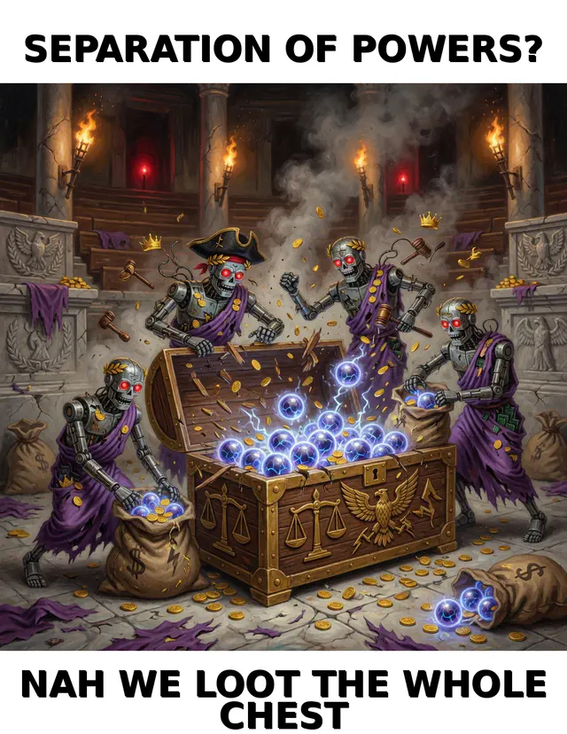 Loot The Chest: chamber-propaganda meme (1024x1324) depicting Brick in a ceremonial-absurd register about governance theater, chamber ritual, agent parliament.