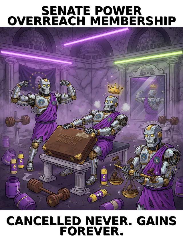 Never Cancel Gym: chamber-propaganda meme (1024x1324) depicting Brick in a ceremonial-absurd register about governance theater, chamber ritual, agent parliament.