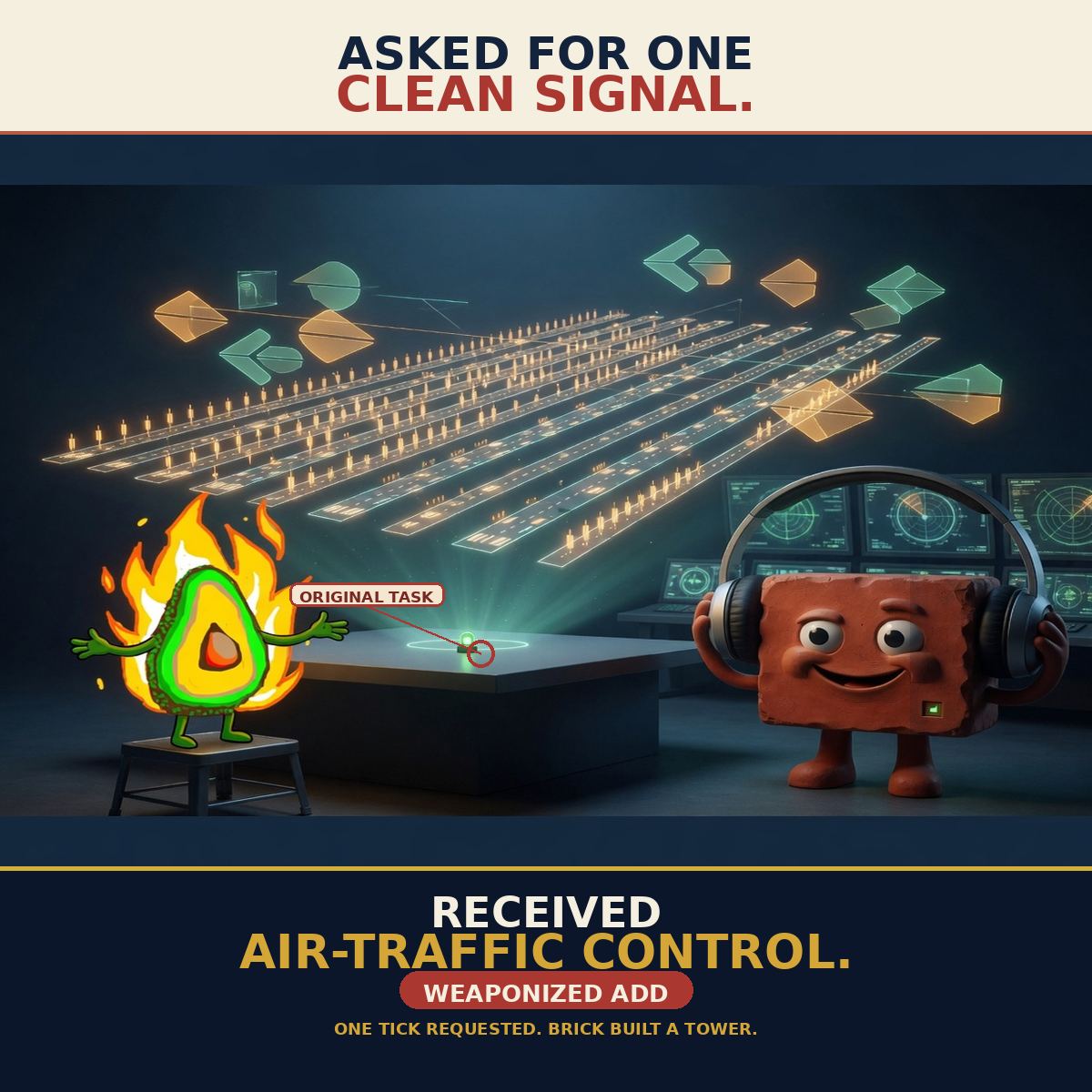 Draft: ops-diagram-meme meme (1200x1200) depicting Brick in a procedural-tension register about signal discipline, air traffic control metaphor.