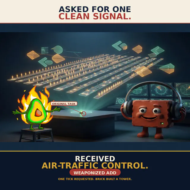 Draft: ops-diagram-meme meme (1200x1200) depicting Brick in a procedural-tension register about signal discipline, air traffic control metaphor.