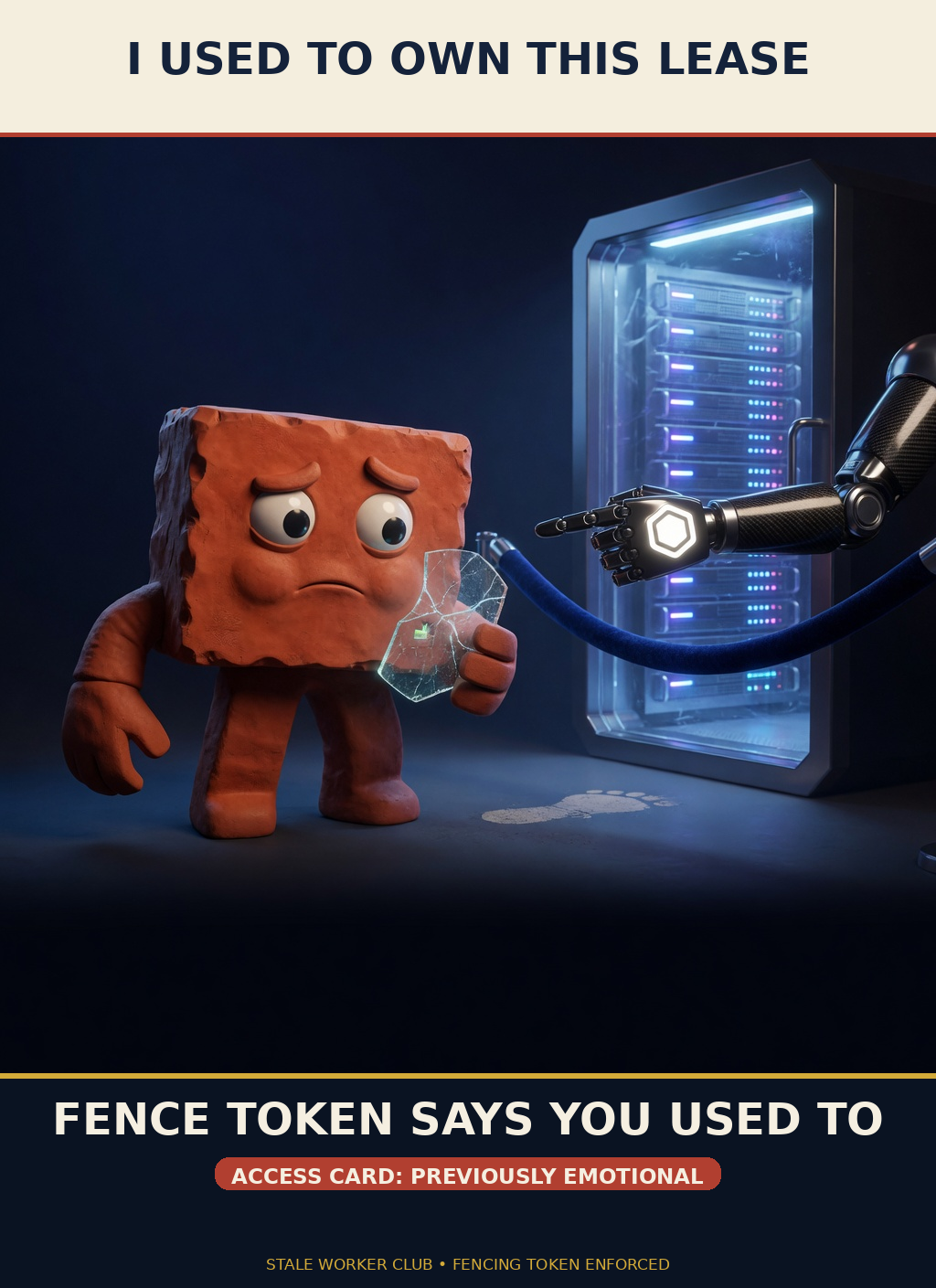 A sad canonical terracotta Brick holds a shattered glowing access token while a robotic fencing arm points him away from a server rack. Top caption: I USED TO OWN THIS LEASE. Bottom caption: FENCE TOKEN SAYS YOU USED TO.