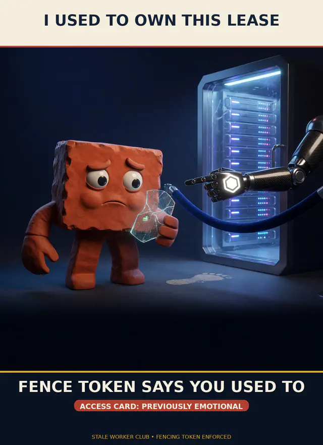 A sad canonical terracotta Brick holds a shattered glowing access token while a robotic fencing arm points him away from a server rack. Top caption: I USED TO OWN THIS LEASE. Bottom caption: FENCE TOKEN SAYS YOU USED TO.