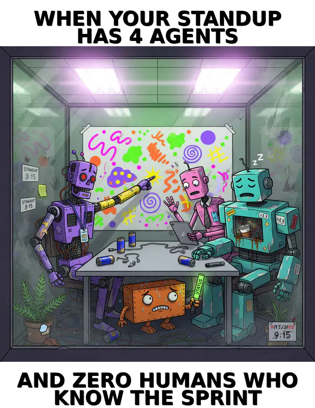 Agent Standup: pack-poster meme (1024x1324) depicting Brick in a workplace-absurdist register about standup meetings, agent status.