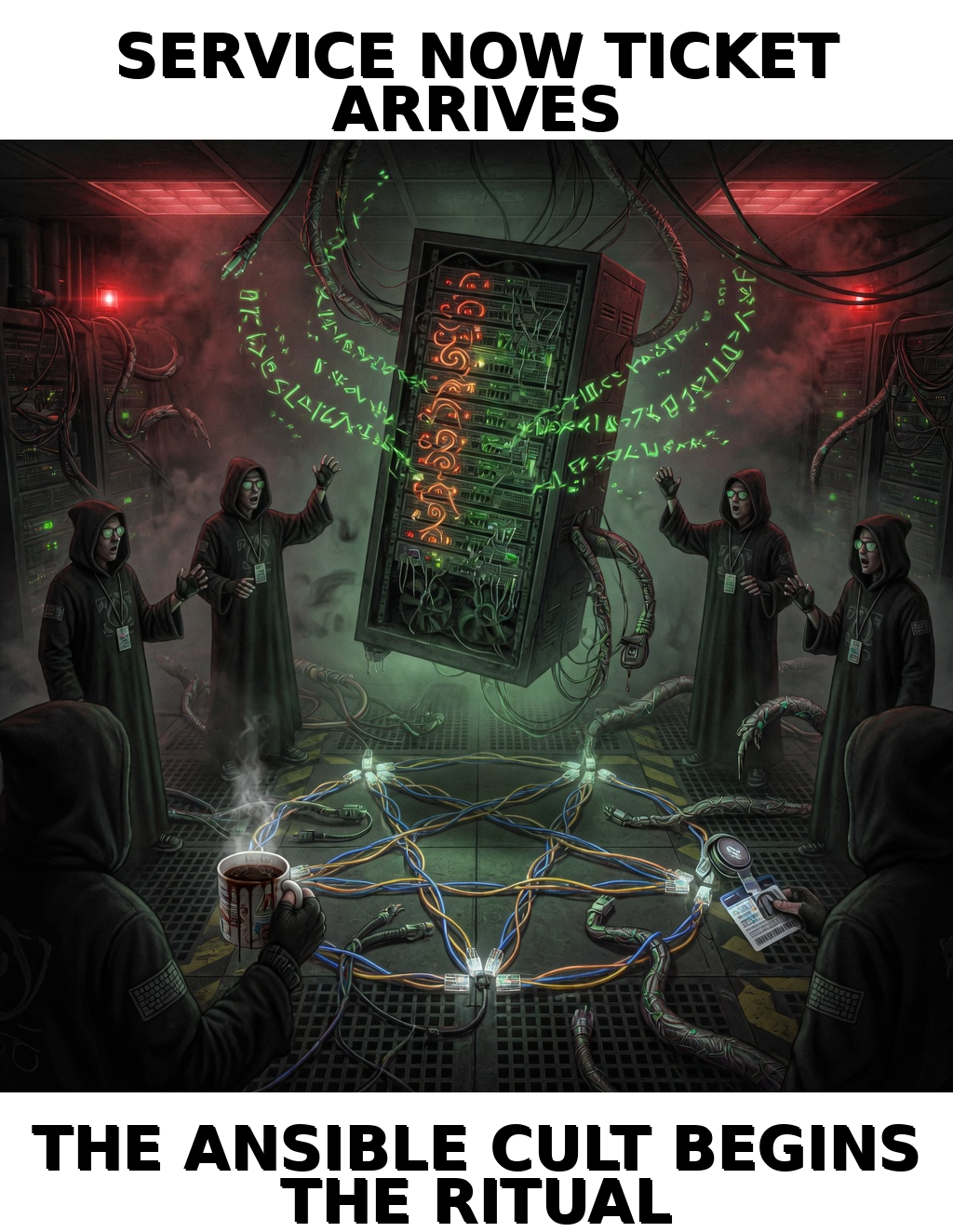 Ansible Summon: pack-poster meme (1024x1324) depicting Brick in a workplace-absurdist register about infrastructure automation.