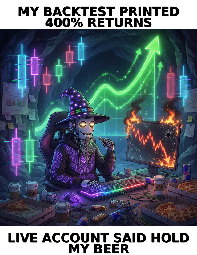 FX Chart Wizard: pack-poster meme (1024x1324) depicting Brick in a workplace-absurdist register about trading research, chart wizardry.