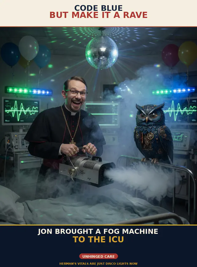 Brick unhinged session meme brick-u01-flatline-party: Jon Sparks stalking or hospital-assassinating Herman the steampunk owl; portrait cream-navy poster; unique frame brick-u01-flatline-party.