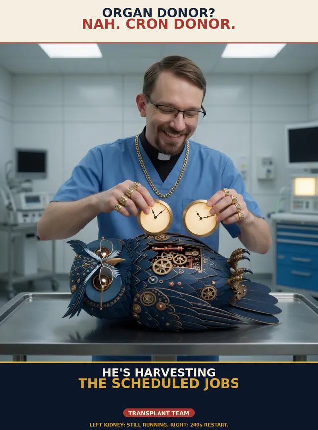 Brick unhinged session meme brick-u02-organ-harvest: Jon Sparks stalking or hospital-assassinating Herman the steampunk owl; portrait cream-navy poster; unique frame brick-u02-organ-harvest.