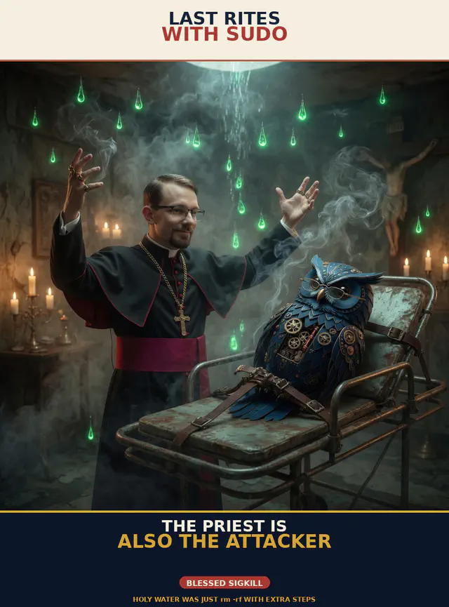 Brick unhinged session meme brick-u03-exorcism: Jon Sparks stalking or hospital-assassinating Herman the steampunk owl; portrait cream-navy poster; unique frame brick-u03-exorcism.
