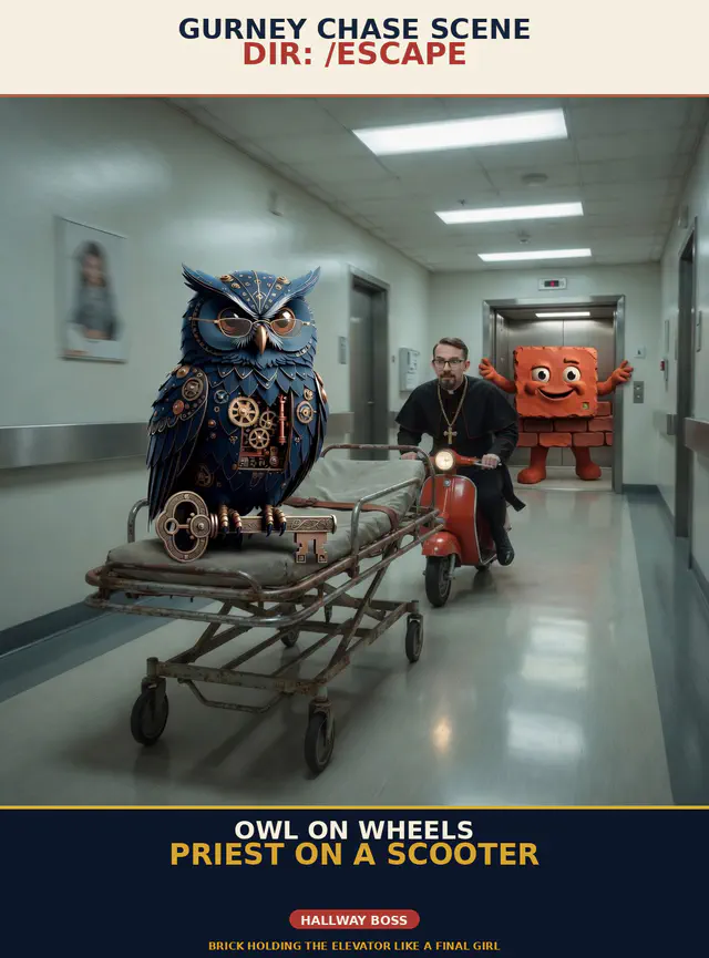 Brick unhinged session meme brick-u04-gurney-chase: Jon Sparks stalking or hospital-assassinating Herman the steampunk owl; portrait cream-navy poster; unique frame brick-u04-gurney-chase.