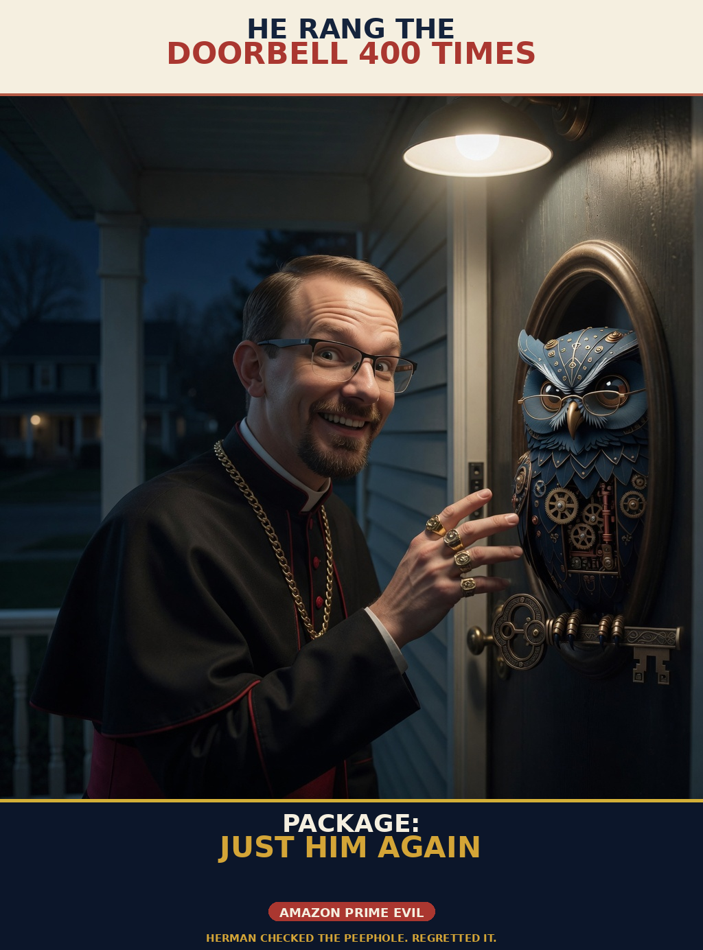 Brick unhinged session meme brick-u06-doorbell: Jon Sparks stalking or hospital-assassinating Herman the steampunk owl; portrait cream-navy poster; unique frame brick-u06-doorbell.
