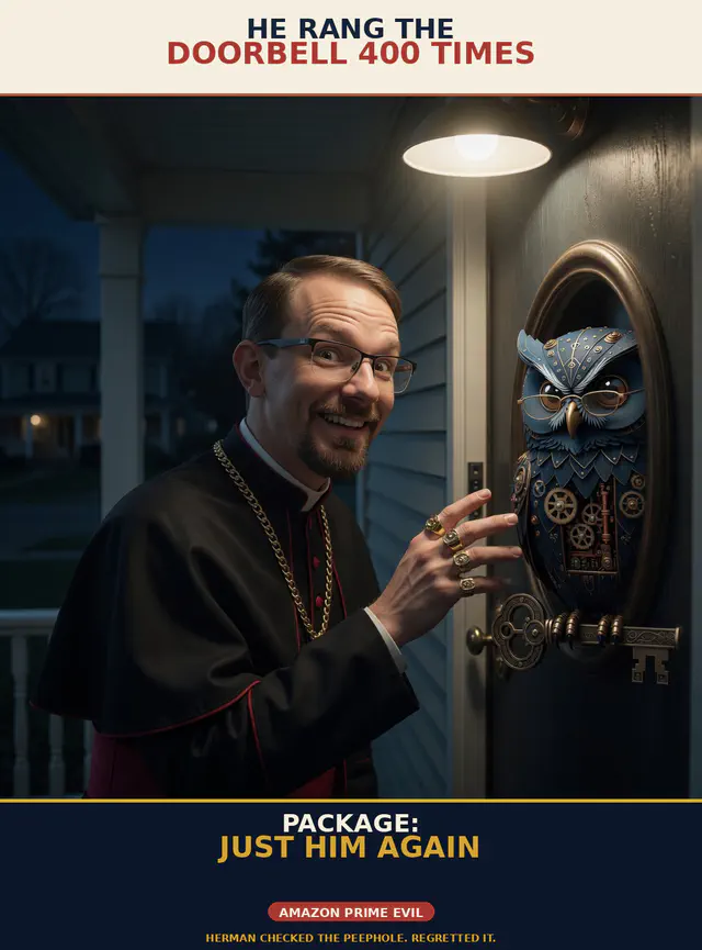 Brick unhinged session meme brick-u06-doorbell: Jon Sparks stalking or hospital-assassinating Herman the steampunk owl; portrait cream-navy poster; unique frame brick-u06-doorbell.