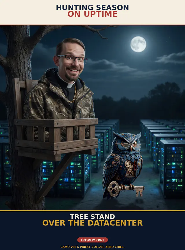Brick unhinged session meme brick-u07-tree-stand: Jon Sparks stalking or hospital-assassinating Herman the steampunk owl; portrait cream-navy poster; unique frame brick-u07-tree-stand.