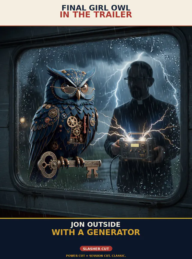 Brick unhinged session meme brick-u08-trailer: Jon Sparks stalking or hospital-assassinating Herman the steampunk owl; portrait cream-navy poster; unique frame brick-u08-trailer.