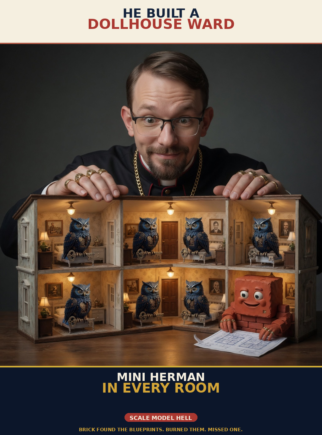 Brick unhinged session meme brick-u09-dollhouse: Jon Sparks stalking or hospital-assassinating Herman the steampunk owl; portrait cream-navy poster; unique frame brick-u09-dollhouse.