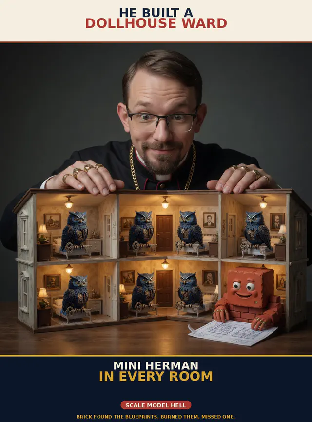 Brick unhinged session meme brick-u09-dollhouse: Jon Sparks stalking or hospital-assassinating Herman the steampunk owl; portrait cream-navy poster; unique frame brick-u09-dollhouse.